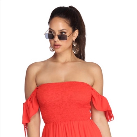 Red Off The Shoulder Romper - Picture 2 of 3